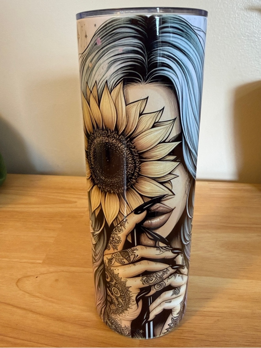 Sunflower Face Art Stainless Tumbler – Yellow, Black, Cream